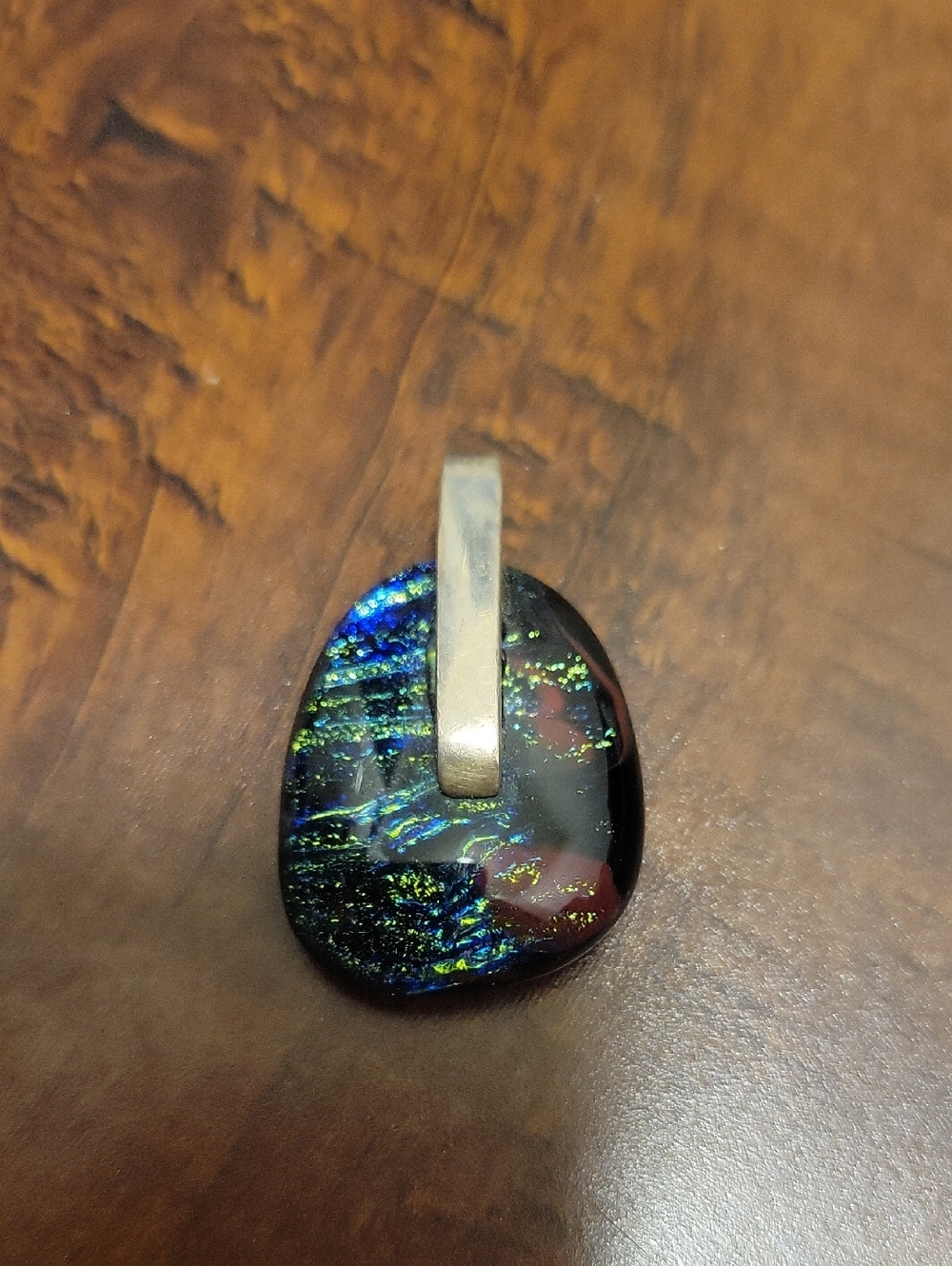 Dichroic Glass Teardrop Pendant in Blue-Green with Silver Bail